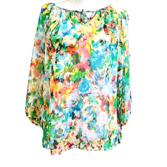 Liz Claiborne Petite Colorful Floral Spring Blouse Large - Picture 1 of 3